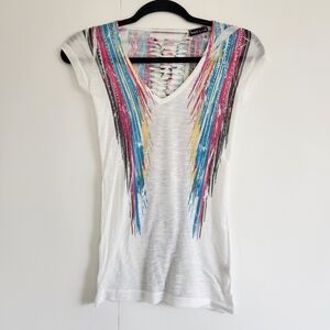 Wet Seal Y2K Fringe Graphic Tee Cutout V Neck Festival Boho Top Juniors XS